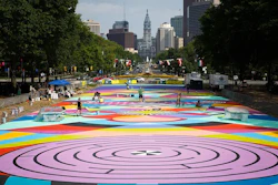 Painted street plazas like this piece by Jessie and Katey for Mural Arts Philadelphia will grace 10 more U.S. cities as part of a new initiative by Bloomberg Philanthropies.