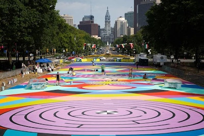 Painted street plazas like this piece by Jessie and Katey for Mural Arts Philadelphia will grace 10 more U.S. cities as part of a new initiative by Bloomberg Philanthropies.
