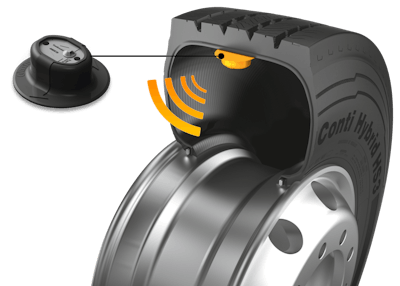 The Continental intelligent steer tires feature a built-in TPMS sensor that transmits tire pressure and temperature data via wireless signal.
