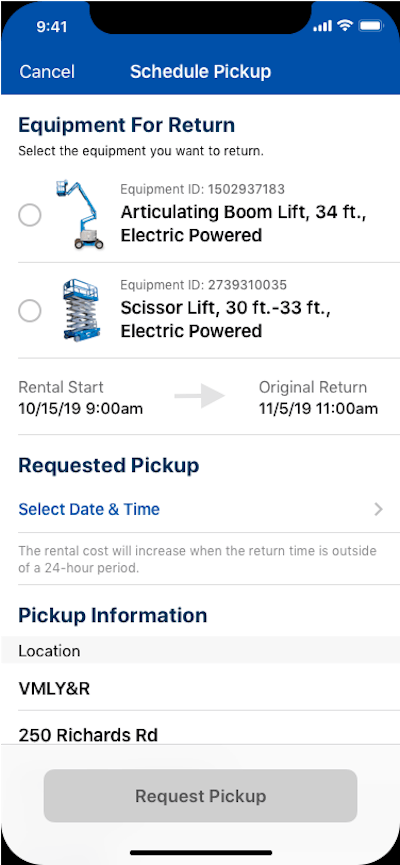United Rentals Mobile App Equipment Return Screenshot