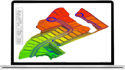 A screenshot of a SiteWork 3D rendering of an excavation project. Estimators can enter existing and proposed contours, spot elevations and sloping lines to define the existing and proposed surfaces.