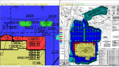 A split screen showing a close up and a full view of a retail outlet plus parking lot project.