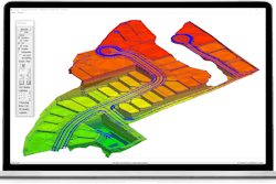 A screenshot of a SiteWork 3D rendering of an excavation project. Estimators can enter existing and proposed contours, spot elevations and sloping lines to define the existing and proposed surfaces.