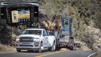 2020 Ram Heavy Duty pickups get the 10-in. monitor display with split-screen capability that makes 360-degree camera views more useful to drivers.