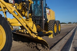Inside the demo arena at Caterpillar's CONEXPO Booth, the new 150 AWD motor grader features all-wheel drive that assists with traction and maneuvering, allowing the machine to work in any environment.