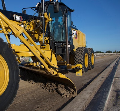 Inside the demo arena at Caterpillar's CONEXPO Booth, the new 150 AWD motor grader features all-wheel drive that assists with traction and maneuvering, allowing the machine to work in any environment.
