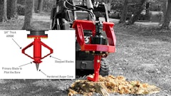 Stumpex's open-frame tool facilitates material flow, while gear-reduction drive generates up to 4,000 ft. lb. of torque. The 340-lb. attachment screws its auger cone into the wood to draw the knives through any species of wood.