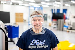 Dave Jacek, 3D printing technical, wears a prototype of a 3D-printed medical face shield printed at Ford’s Advanced Manufacturing Center. Ford Motor Company, joining forces with firms including 3M and GE Healthcare, is lending its manufacturing and engineering expertise to quickly expand production of urgently needed medical equipment and supplies for healthcare workers, first responders and patients fighting coronavirus.