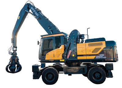 The new HW250MH material handler features a boom and goose neck designed for lifting and carrying bulk materials.
