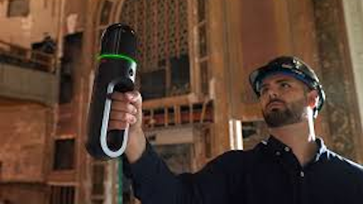 Leica's BLK2GO reality capture product in action. The handheld wireless device enables a team member to work autonomously onsite to scan and capture a site while they're walking.