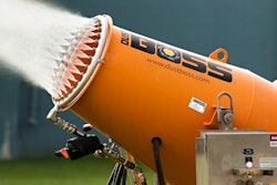 Specialized nozzles create a mist that’s propelled by a powerful industrial fan.