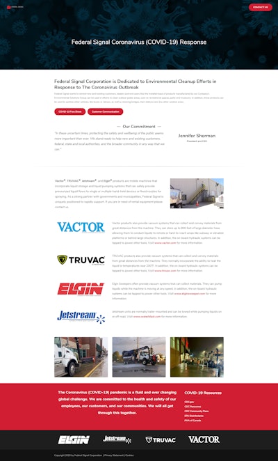 Federal Signal Corporation announced the launch of a website – www.fedsigresponse.com – dedicated to cleaning and sanitizing efforts in response to the COVID-19 outbreak.