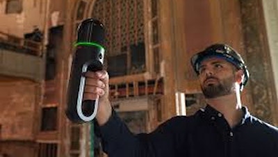 Leica's BLK2GO reality capture product in action. The handheld wireless device enables a team member to work autonomously onsite to scan and capture a site while they're walking.
