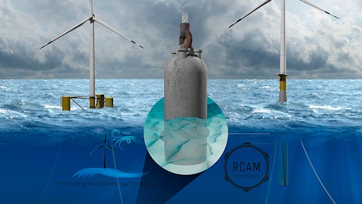 Illustration of a 3D-printed concrete suction pile anchor for connecting floating wind turbines to the seabed via mooring lines.