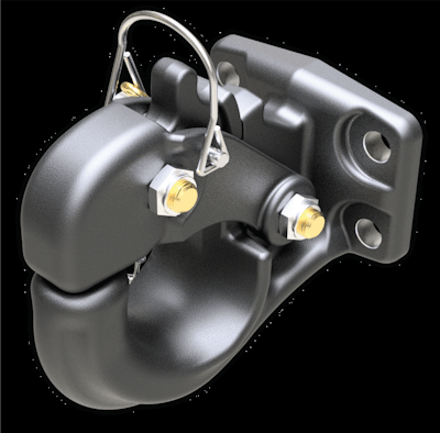 Make sure drivers or others who connect trailers are informed on proper operation of hitch and coupler mechanisms, safety device attachment and sizing compatibility between truck hitch and trailer coupler. (Shown is a pintle hitch.)