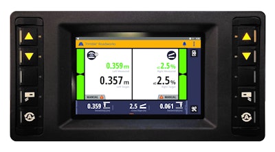 The Trimble Roadworks paving control application runs on a 7-in. TD510 touchscreen display.