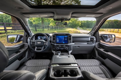 The cabin is completely redesigned with more comfort, technology and functionality for truck customers along with more premium materials, more color choices and more storage. Shown here is the interior of the F-150 Limited.