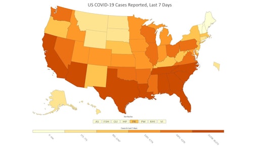 Find the interactive version of this map, where cursoring over a state shows that state's data, at coronavirus.org