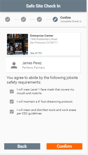 Safe Site's Check In brings up key health questions for a worker to answer on their smart phone whey they scan a QR code displayed on the job site. Reminders reinforce safety protocols.