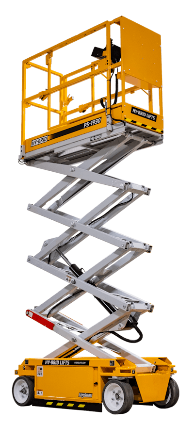 Hy-Brid Lifts' 19-ft. PS-1930 scissor lift offers unique features such as a light weight, non-fold-down rails and a 75-in. stowed height.