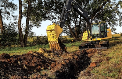 If you have to dig a trench while on a slope, be aware of the boom and arm position. When swinging, bring the boom and arm in fairly close to the machine. When coming out of the hole, bring the mast in toward the machine so the swing torque will allow the machine to swing.