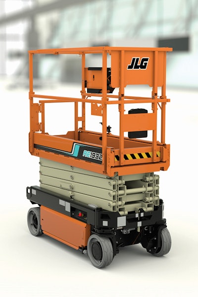 The JLG AE1932 all-electric Davinci Series scissor lift features optimized electric technology with a single lithium battery power source.