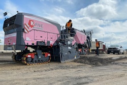 The new F-Series Wirtgen mills include the option to add a customizable wrap around the machine. While most companies utilize this to add a logo or company colors, K-Five Construction’s shop manager, Dave Gorski, came to them with the idea for a pink wrap as a way to promote cancer awareness.