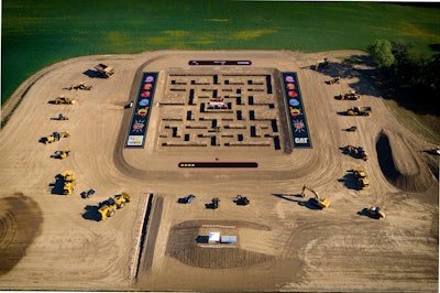 It took a Caterpillar 336 Next Gen Excavator 70 man-hours to dig the actual gameboard, utilizing 6,880 yards of cut dirt to dig the maze and berm for a total of 5,300 tons of earth. The inside height of the walls measure 4 ft. high with an overall gameboard size of 162.4 by 180.4 ft.