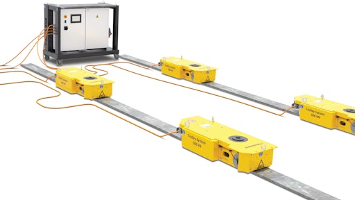 The Enerpac ETR Electric Trolley has a low starting height, clean operation, and low-profile track plate