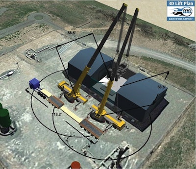 Mansfield Crane Service Corp., Mansfield, Pennsylvania, was a finalist in the 2018 Lift Plan of the Year competition. The company used 3D Lift Plan as a visual tool to show a two-crane lift plan to both the customer and company staff.
