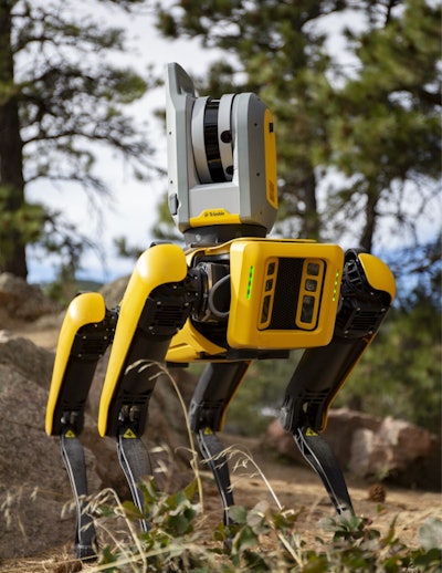 Boston Dynamics' Spot Robot with a Trimble X7 3D Laser Scanning System, a high-speed laser scanner with integrated imaging, automatic calibration and registration technologies as well as survey-grade self-leveling.