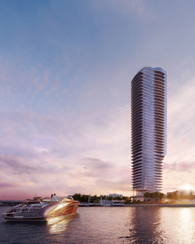 A rendering of the completed project. The 579-foot-tall tower was envisioned to embody the spirit of the city and the aesthetics of the Brickell neighborhood’s urban, waterfront environment.