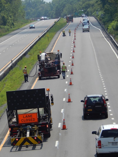 On-road cracksealing is usually a moving operation that requires extensive traffic control.