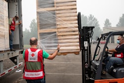 American Red Cross volunteers use donated Toyota Material Handling equipment to move relief supplies during the recent Oregon wildfires. Toyota has pledged material handling equipment to the Red Cross to respond to any North American natural disaster as a part of a unique partnership with American Red Cross.