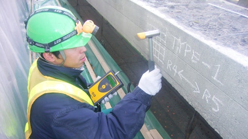 Mechanical impedance can be calculated by dividing the maximum force, when a hammer collides concrete surface, with initial velocity of the hammer rebound.