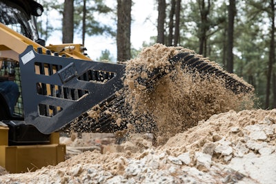 Caterpillar offers skeleton buckets for use with skid-steer, multi-terrain, compact track and compact wheel loaders that allow operators to quickly separate rock and debris from soil.