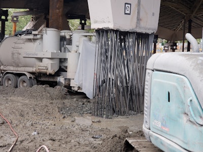 One reason for selecting hydrodemolition was the 1 1/2-in. rebar installed in multiple rows. This method allowed Redi Services to thoroughly clean the rebar without causing microfracturing of the concrete.