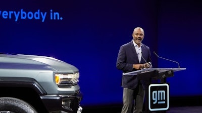 General Motors Executive Vice President Global Manufacturing Gerald Johnson address the gathering as GM announces Tuesday, April 6, 2021, the first-ever Chevrolet Silverado electric pickup and GMC HUMMER EV SUV will be built at GM's Factory ZERO Plant assembly plant in Detroit and Hamtramck, MI.