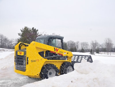 Generally, in the debate between skid steers and compact track loaders in snow removal, the skid steers are generally considered the superior due to performance. Skid steers are often faster, less expensive and lighter weight than a CTL. As show here, with a Wacker Neuson SW17 Skid Steer Loader, rubber tires on a skid steer can last longer and cost less to replace than the tracks on a CTL.