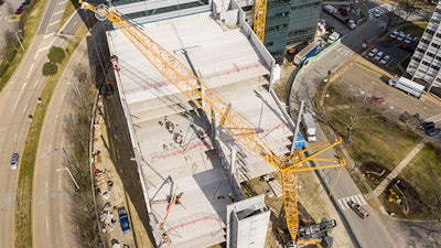 Aerial view of the LR 1300.1 SX constructing the new CHKD Mental Healthcare facility parking garage.