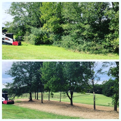 The Bobcat T770 compact track loader steers around desirable “keeper trees” and quickly navigates the landscape, while the Fecon Bull Hog attachment easily chews through material, leaving behind a finely processed end product.