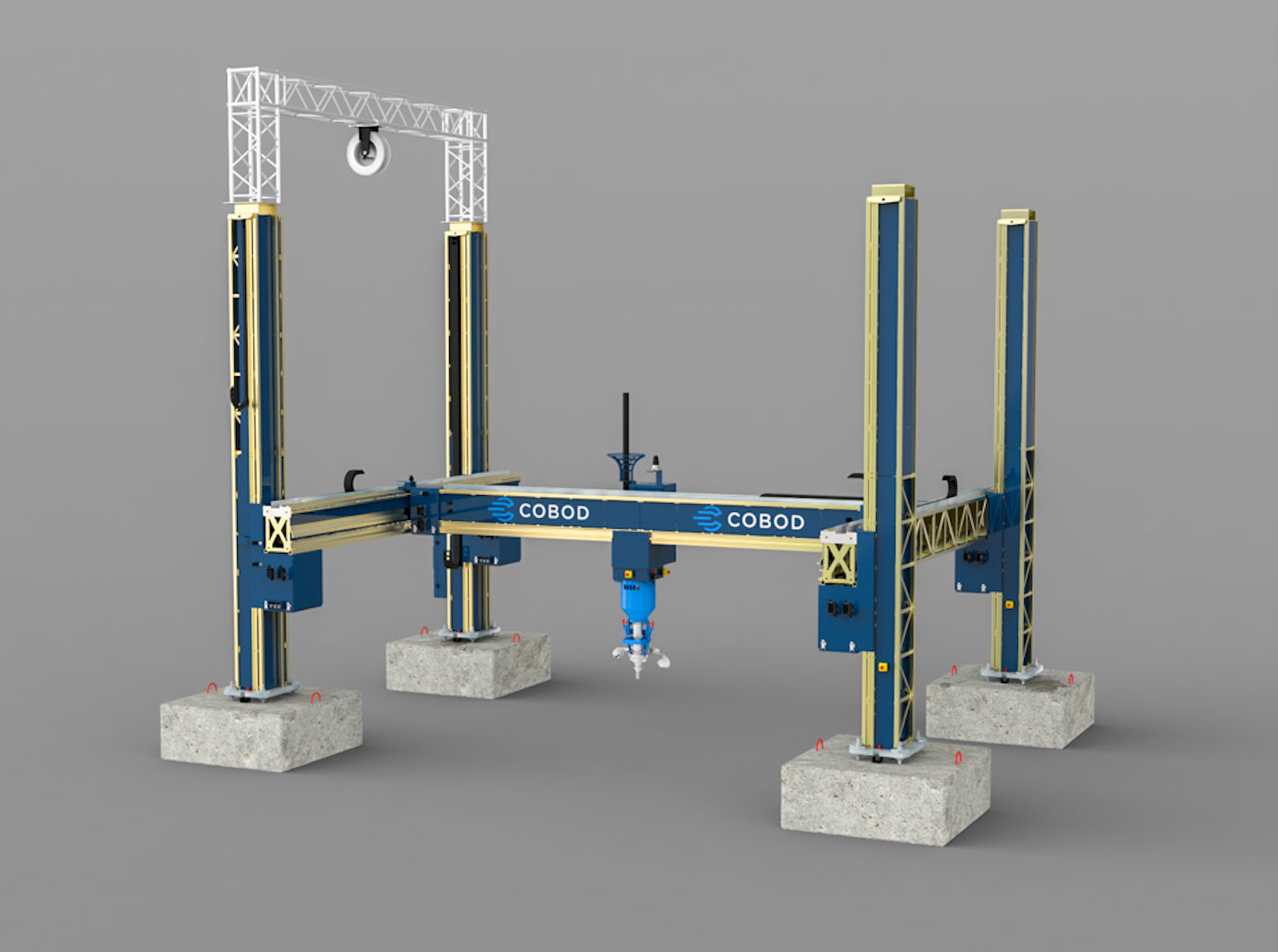 A rendering of a COBOD 3D concrete printer.