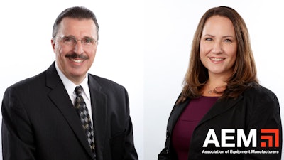 Dennis J. Slater (left) will retire as AEM president, effective December 31, 2021. Megan Tanel, AEM’s senior vice president, Construction & Utility Sector, will succeed Slater in the role effective January 1, 2022.
