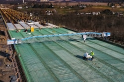 The TyBot rebar tying robot can be deployed to work on any horizontal reinforcing steel installation project that has screed rails in place.