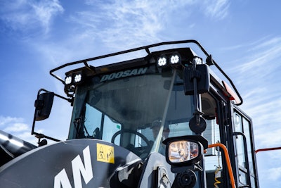LEDs provide a wider area of light versus a lot of the halogen technology, which is very pinpointed at times. Doosan loaders can be equipped with up to 12 LED lights to light up the working area around the machine.