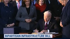 President Biden signed into law the $1 trillion infrastructure bill during a ceremony at the White House. The president called it a “blue collar blueprint to rebuild America,” and praised Republicans and Democrats for the bipartisan nature of the bill. Vice President Harris, members of Congress, and labor leaders also spoke in front of the crowd gathered on the South Lawn of the White House.