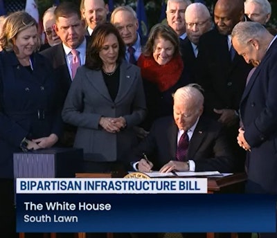 President Biden signed into law the $1 trillion infrastructure bill during a ceremony at the White House. The president called it a “blue collar blueprint to rebuild America,” and praised Republicans and Democrats for the bipartisan nature of the bill. Vice President Harris, members of Congress, and labor leaders also spoke in front of the crowd gathered on the South Lawn of the White House.
