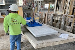 Silverdale Quality Stone coupled a Vacuworx PHD vertical lift mounting assembly with a Caterpillar 262D skid steer loader, using the system to maneuver 1,500-lb limestone slabs in the vertical position
