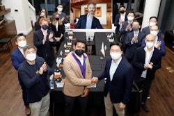 Hyundai Heavy Industries Group signed a memorandum of understanding with Palantir Technologies, an American big data analytics company, to build a big data platform for the Group’s core businesses. The agreement signing event took place on January 4, 2022, in Las Vegas, one day before CES 2022 officially opens. Kisun Chung, CEO of Hyundai Heavy Industries Holdings, on the right in the front row, and Shyam Sankar, COO of Palantir on the left; and Alexander C. Karp, CEO of Palantir in the video in the upper center of the photo.