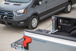 When connected to an F-150 Lightning or F-150 PowerBoost Hybrid with the optional 9.6 or 7.2 kilowatt Pro Power Onboard, the Ford Mobile Power Cord charger can deliver Level-2 charging that’s estimated to add an average range of 10 miles per charging hour to a Ford E-Transit low-roof cargo van.